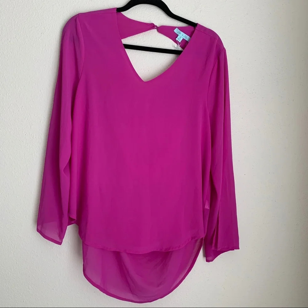 She + Sky purple open draped back silk blouse size small